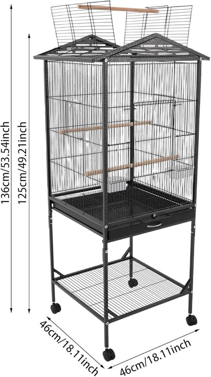 Bird Cage with Stand 54 Inch Birdcages with Pull-Out Tray, Rolling Bird Cage Stand with Wheels for Parakeets, Parrot, Cockatiel, Pigeon, Finch Cage for Birds(Black)