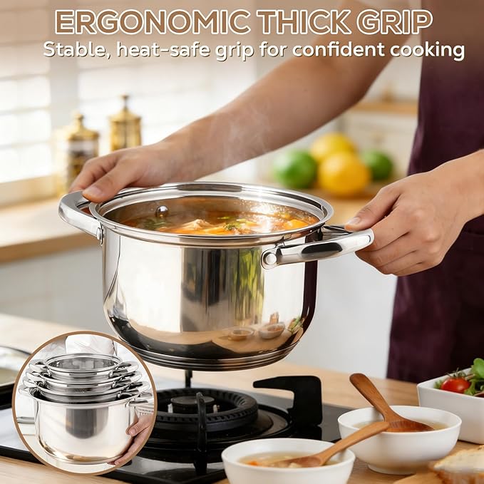 Stainless Steel Cookware Set Pots and Pans- 15 Pieces Nonstick Pot and Pan Set Includes 1 Frying Pans, 5 Pots, 6 Lids and 3 Utensils, with Stay Cooling Handle, Induction & Oven Safe