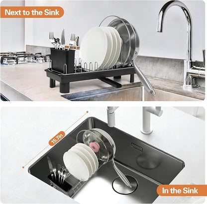 Small Dish Drying Rack for Kitchen Counter, Dish Rack with Detachable Utensil Holder and Draining Tray, Upgraded Load-Bearing Design for Plates Cutlery Pans and Pot Lids, Black