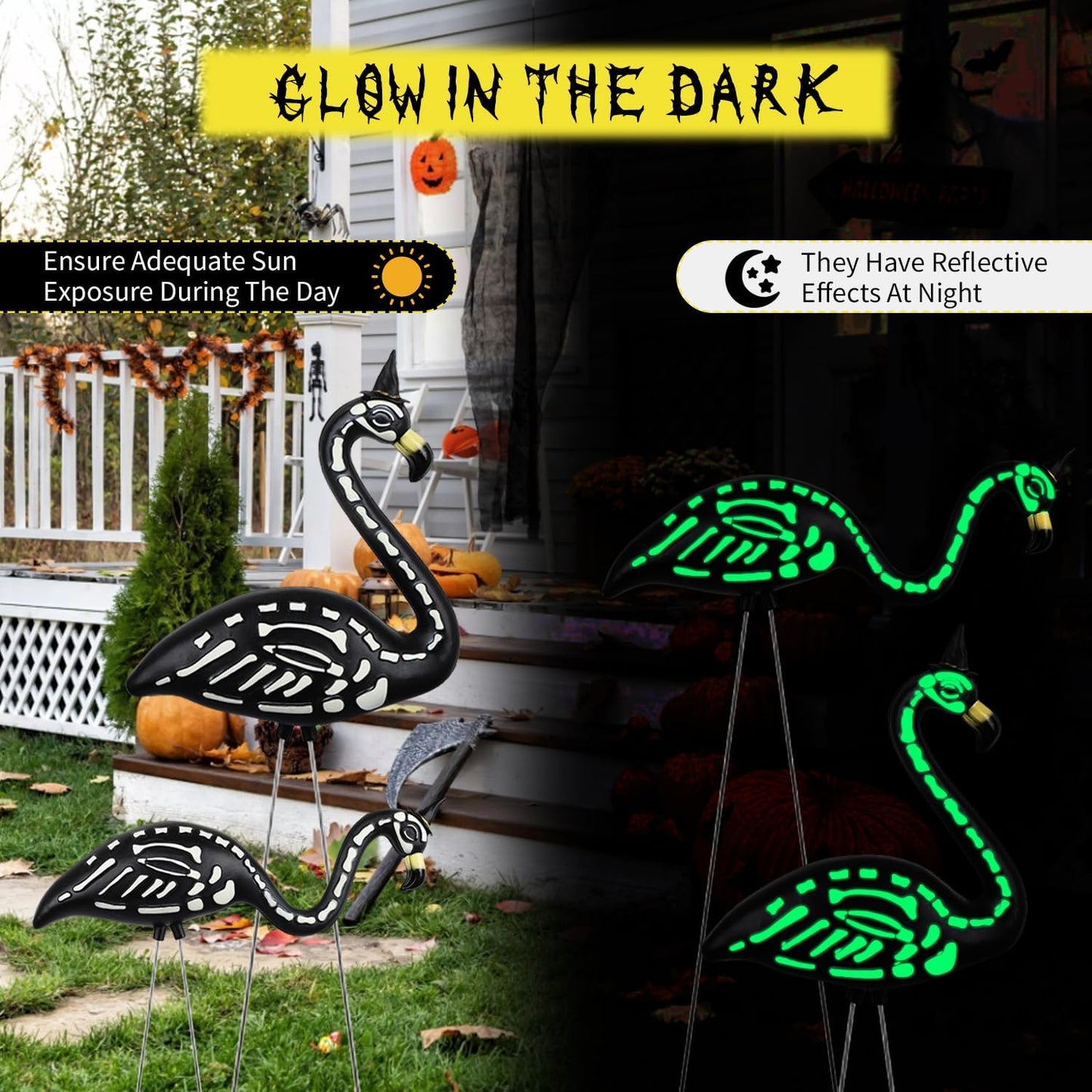 TitTees Halloween Decorations 2 Pack Black Flamingo Skeleton, Zombie Flamingos for Spooky Graveyard Decor, Skull Flamingo with Stakes for Halloween Lawn Ornaments