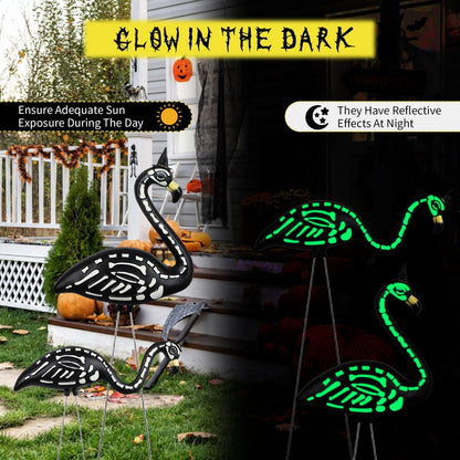 TitTees Halloween Decorations 2 Pack Black Flamingo Skeleton, Zombie Flamingos for Spooky Graveyard Decor, Skull Flamingo with Stakes for Halloween Lawn Ornaments