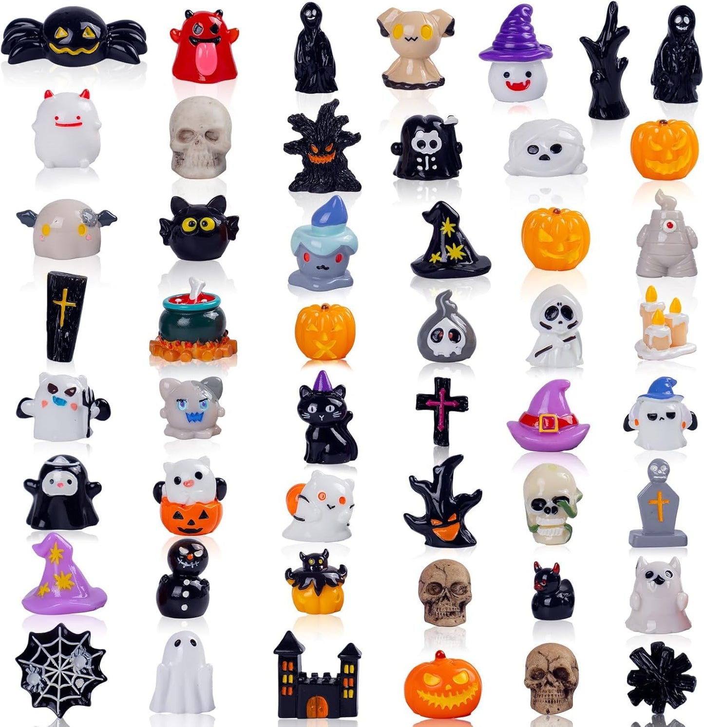 Nerfcareani 50pcs Halloween Mini Resin Figurines for Crafts Tiny Miniature Figures to Hide Pumpkin Ghost Skull Miniatures Bulk for Halloween Party Favors Table Idoor Bag Fillers Garden Dollhouse Decor