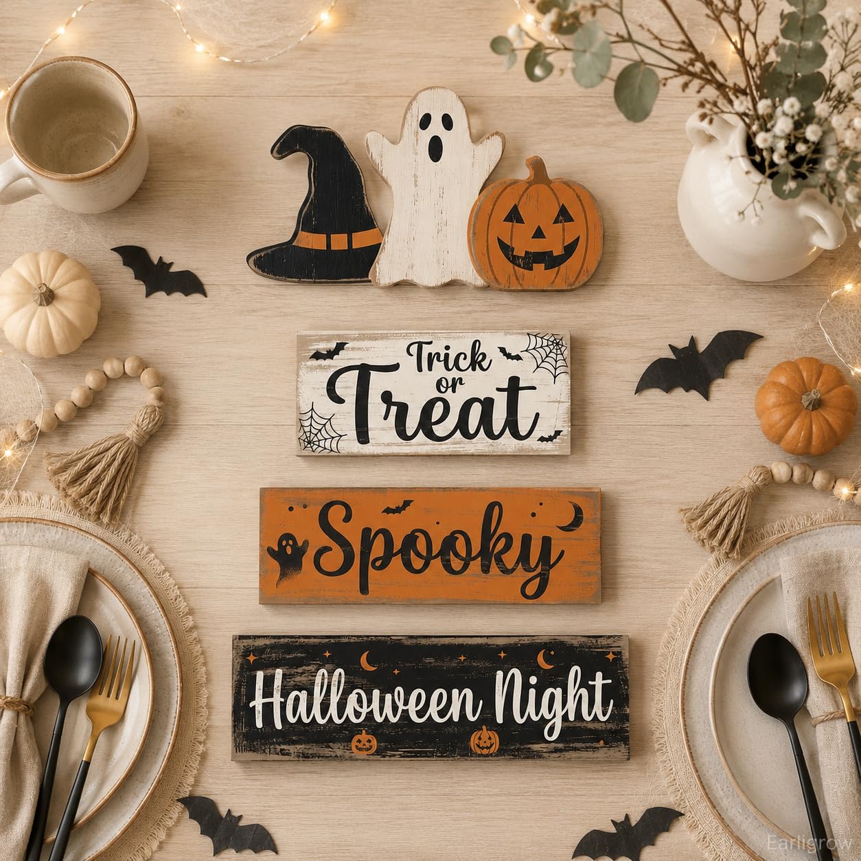 4 Pcs Halloween Decor, Trick or Treat Tiered Tray Decorations, Wooden Block Signs with Ghost Jack-O-Lantern Witch Hat, Farmhouse Rustic Table Centerpiece for Home Kitchen Mantel