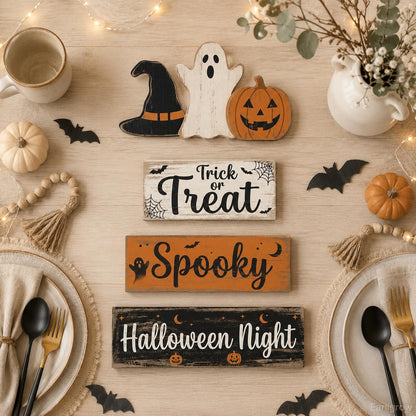 4 Pcs Halloween Decor, Trick or Treat Tiered Tray Decorations, Wooden Block Signs with Ghost Jack-O-Lantern Witch Hat, Farmhouse Rustic Table Centerpiece for Home Kitchen Mantel
