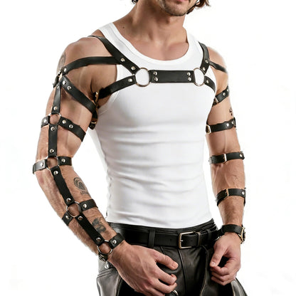 Mens Chest Harness Cosplay Top PU Leather Chest Shoulder Straps Body Harness Strap Male Punk Fashion Fantasy Costume Rave Outfit for Music Festival Party Halloween Cosplay (Black)