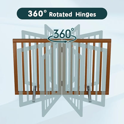 Semiocthome Dog Gate Indoor 2-Panel Freestanding Puppy Gates for The House with 2 Metal Stands 24" H Folding Wood Pet Gate for Stairs Doorway, Fully Assembled Safety Fence - Walnut