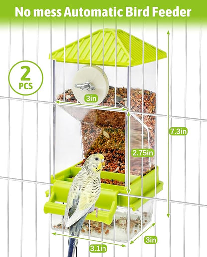Hamiledyi 2 Pcs Automatic Bird Feeder No Mess Bird Cage Feeder Seed Food Container with Perch Transparent Parrot Cage Accessories for Parakeets, Budgies, Cockatoos, Finches, Lovebirds (Green)