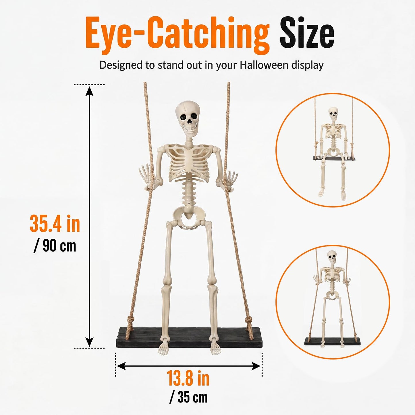 Sintuff Halloween Swinging Skeleton on Swing, Outdoor Swinging Ghost Decor, 35.4" Hanging Skeleton with 13.8" Wooden Seat for Yard, Porch, Tree, Spooky Halloween Decorations