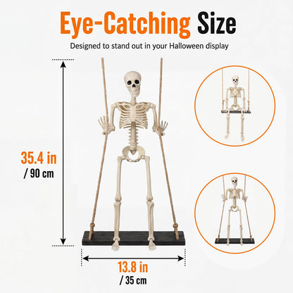 Sintuff Halloween Swinging Skeleton on Swing, Outdoor Swinging Ghost Decor, 35.4" Hanging Skeleton with 13.8" Wooden Seat for Yard, Porch, Tree, Spooky Halloween Decorations
