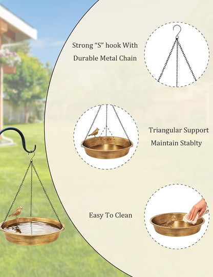 Hanging Bird Bath for Outdoor, Antique Bronze Metal Birdbath Bird Feeder Garden Decor Yard Art (11.5" Dia)