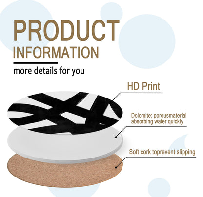 Black and White Coasters Set of 4, Modern Abstract Geometrical Black and White Ceramic Car Drink Coaster Cup Mat with Cork Back for Table Desk Decor