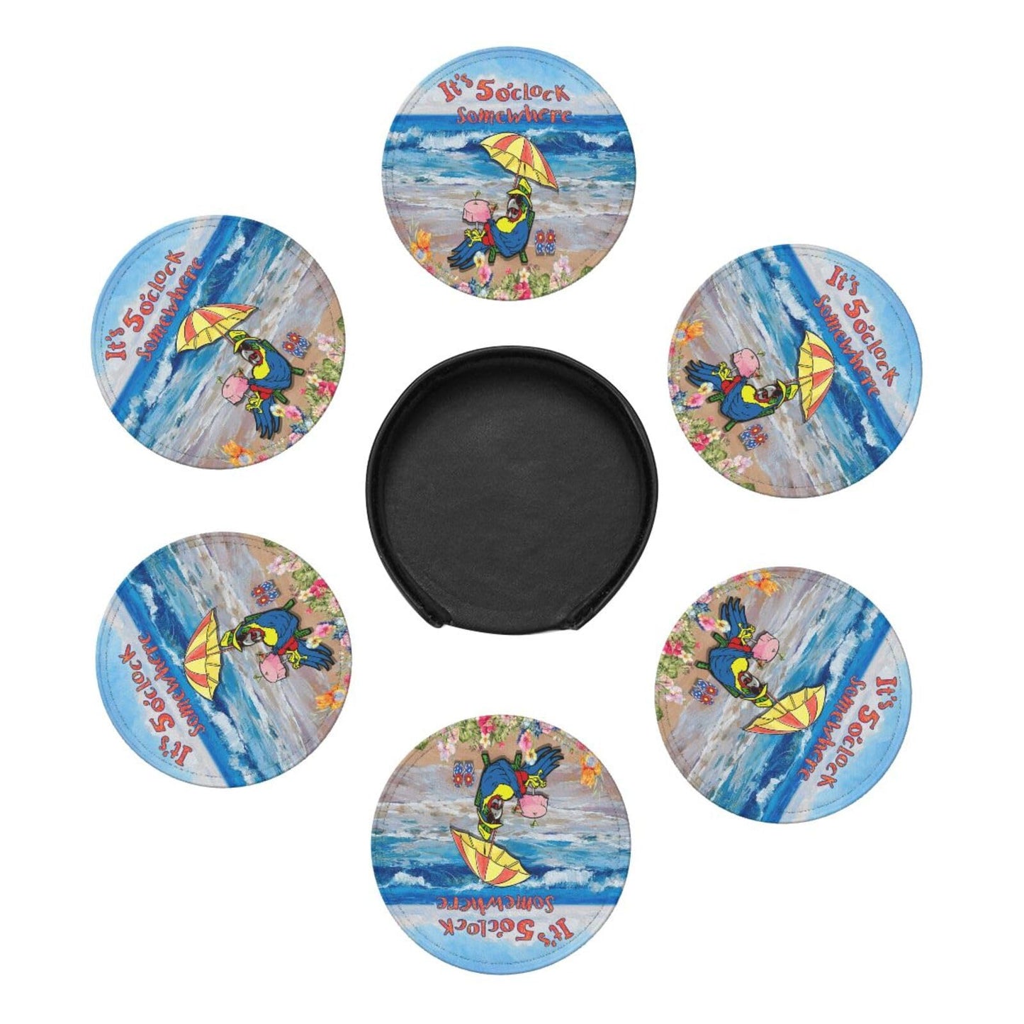 ItS 5 O'Clock Somewhere Parrot Drink Coasters Set of 6 Pack with Holder Able Cup Mat for Hot Cold Drink Non-Slip Housewarming Gifts