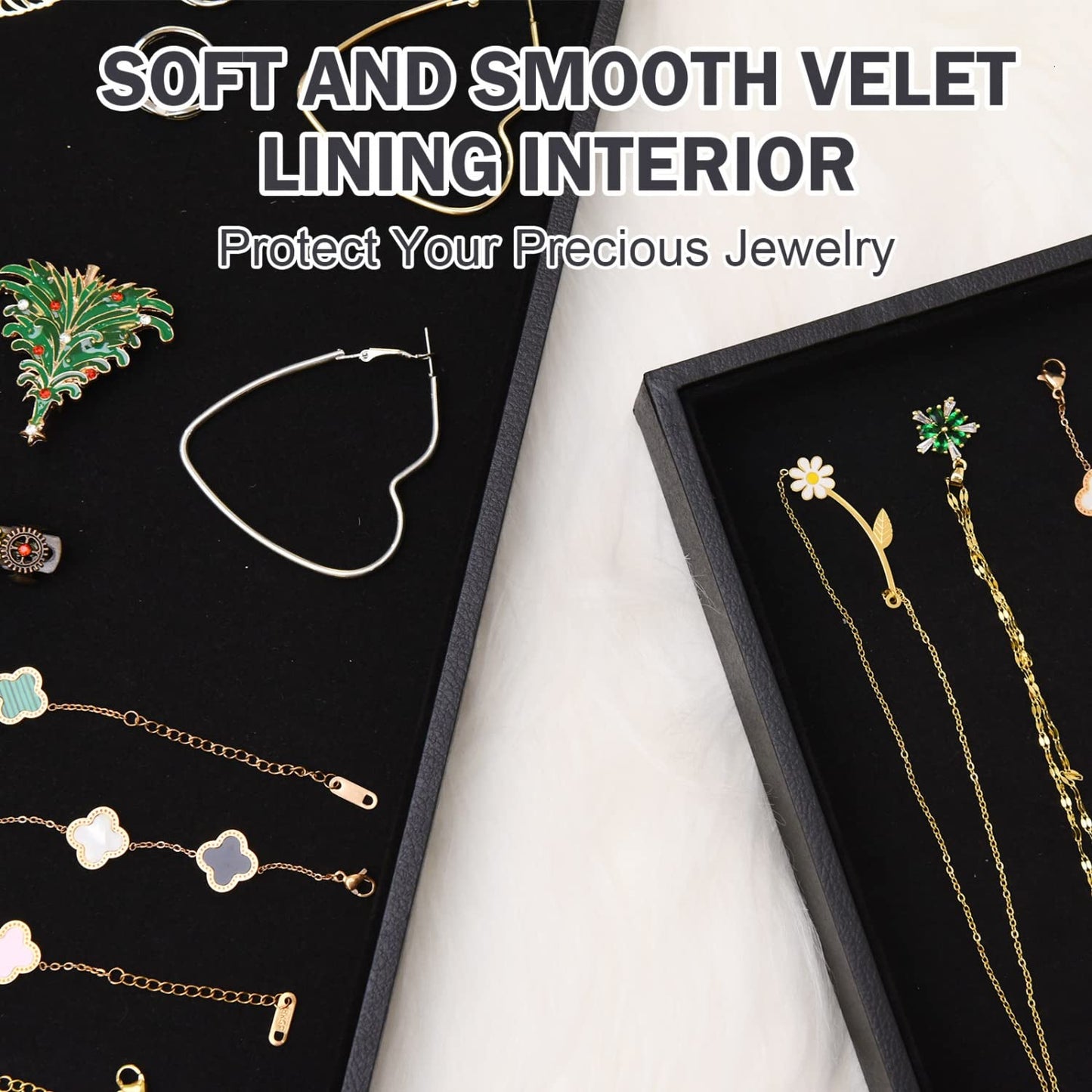 JETEHO Velvet Jewelry Tray for Drawers Black Jewelrys Display Tray Stackable Jewelry Organizer Trays for Necklace Bracelet Ring Watch (1, Black)