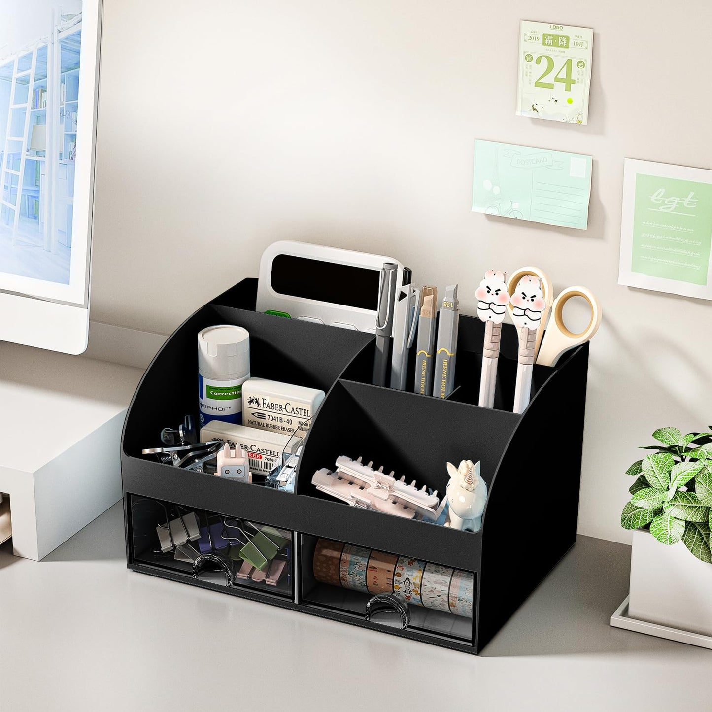 COMFYROOM Desk Organizer with 6 Compartments and 2 Drawers, Plastic Makeup Organizer, Pen Holder for Desktop Storage, Desk Organization for School, Home, Office Supplies (Black)