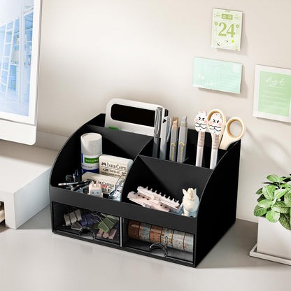 COMFYROOM Desk Organizer with 6 Compartments and 2 Drawers, Plastic Makeup Organizer, Pen Holder for Desktop Storage, Desk Organization for School, Home, Office Supplies (Black)