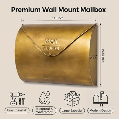 Gold Wall Mount Mailbox for Outside,Waterproof Metal Mailboxes with Rust-Proof Galvanized Steel,Large Capacity Envelope Mailbox for House,12.99 x 10.35 x 3.5 Inch