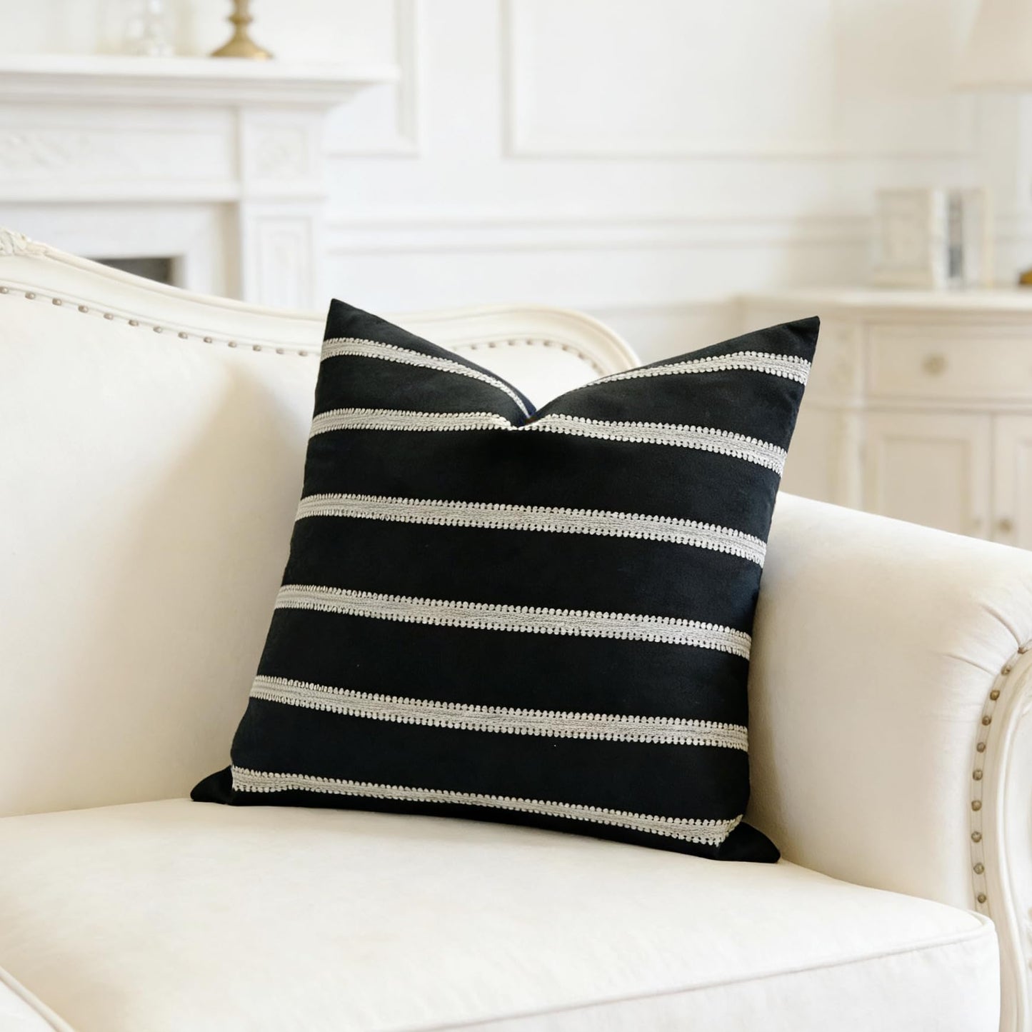 Slow Cow Decorative Jacquard Textured Woven Stripe Throw Pillow Cover Cushion Cover 26 x 26 Inches Black Mixed Off White