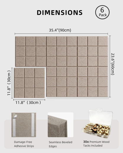 Large Felt Bulletin Board - 36" x 24" Self-Adhesive Felt Wall Tiles, Cork Boards Alternative, 6 Pack with 30 Wooden Push Pins, Cork Board for Walls, Office, Home & Classroom Decor, Pin Board - Camel