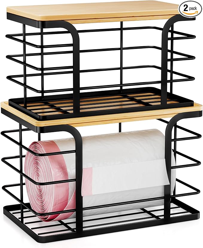 2 Pack Stackable Storage for Kitchen Laundry Pantry Organizers,Trash Bag Holder with Bamboo Top,Wall Mount Garbage Bag Dispenser,Black Large and Small