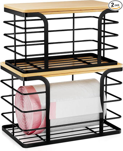 2 Pack Stackable Storage for Kitchen Laundry Pantry Organizers,Trash Bag Holder with Bamboo Top,Wall Mount Garbage Bag Dispenser,Black Large and Small