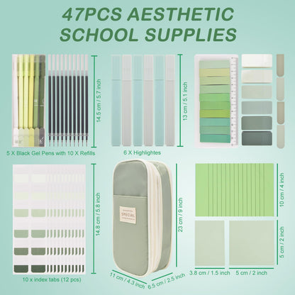 ChezAbbey 47Pcs Aesthetic School Supplies with Pencil Pouch - Cute College Essentials Set, Big Capacity Pen Case, Pastel Highlighters, Bible Study Journaling Stationary Kit (Green)