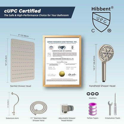 Hibbent All Metal CUPC Certified Shower Head, 10'' High Pressure Rainfall Shower Head, Handheld Showerhead Combo, 12'' Adjustable Extension Arm, 10 Sprays, 71'' Hose, Showerhead Holder, Brushed Nickel