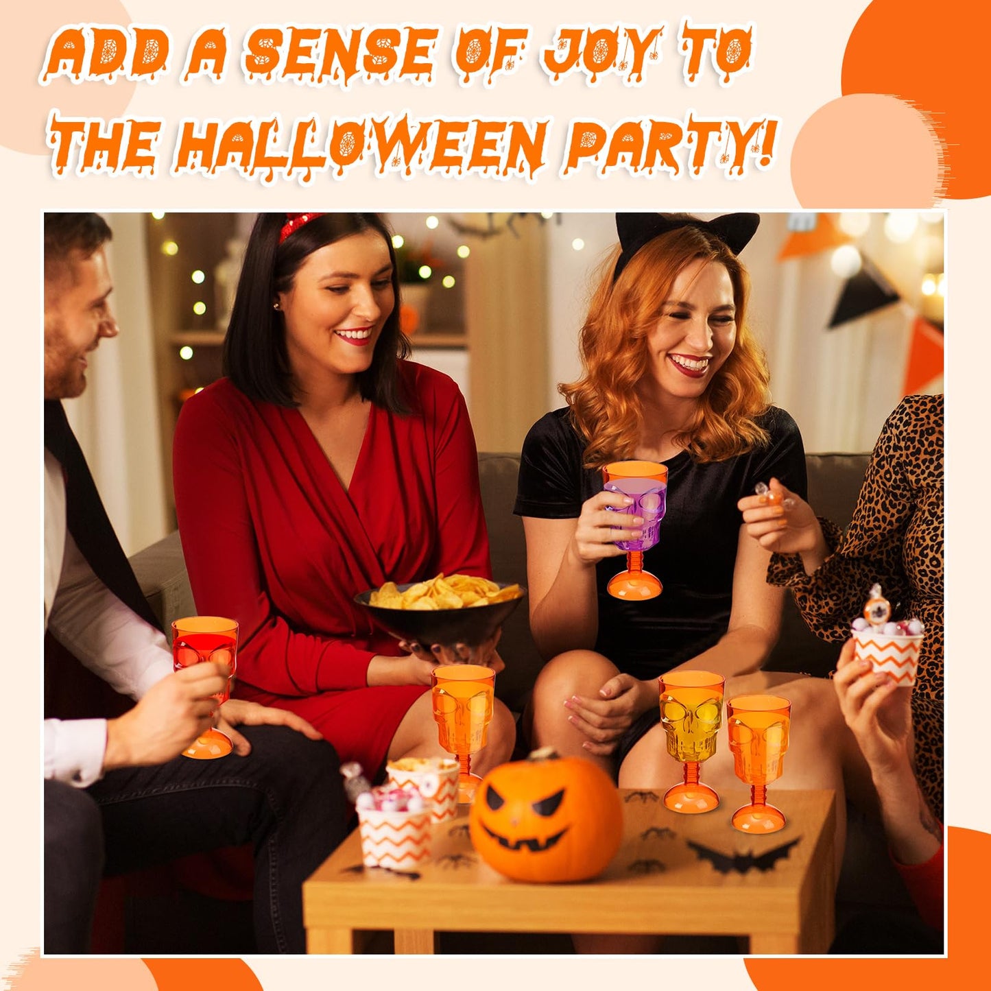 Bokon Set of 12 Halloween Cups Skull Goblets Gothic Party Table Decorations Plastic Wine Goblet Halloween Party Supplies Skeleton Themed Centerpiece(Orange)
