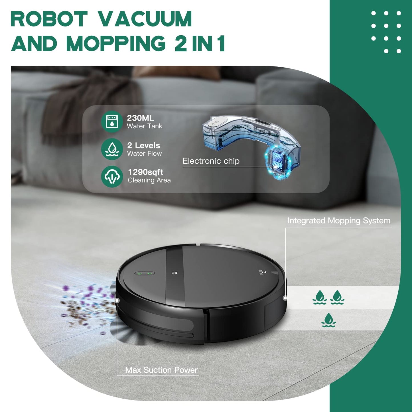 Kilgone Robot Vacuum and Mop Combo - WiFi/Alexa/App, Robotic Vacuum Cleaner, Ultra-Slim & Quiet, Tangle-Free, Auto Recharge, Multi-Surface Cleaning, Cleans Carpets, Hard Floors & Pet Hair Efficiently