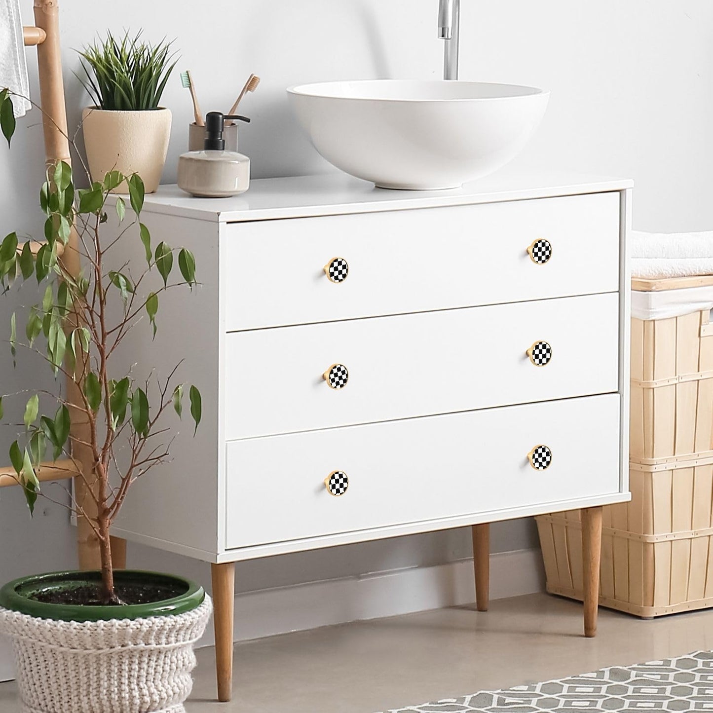 XDKDZIS Checkered Black White Grid 32mm Pull Handles for Cabinets Drawers 4 Pack Dresser Golden Metal Knobs