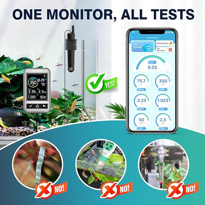 kactoily Long-Range WiFi Aquarium Water Quality Monitor – 7 Parameter Digital Aquarium Water Tester for pH ORP EC TDS Salinity SG Temp, Freshwater & Saltwater Tanks