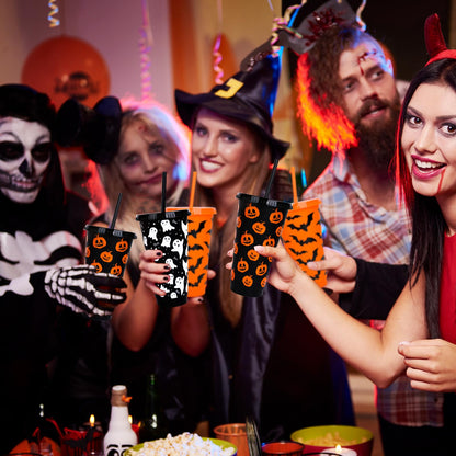 Whaline 12 Pcs Halloween Plastic Tumbler with Lids Straws Pumpkin Ghost Bats Reusable Cups 24oz Black Orange Travel Mug Cups for Iced Coffee Drinks Holiday Horror Party Supplies