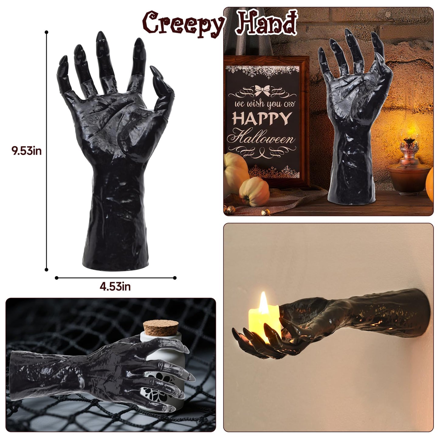 Halloween Decorations Indoor Gothic Decor: Pack of 3 Wall Mounted Creepy Reaching Hands with Lighted Candles for Gothic Wall Decorations
