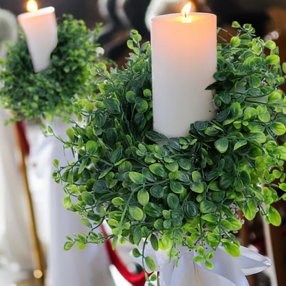 Mini Green Boxwood Candle Rings Wreaths Spring Summer Kitchen Cabinet Swags Wreath 3 Inch Wedding Rings Wreaths Pillar Candle Holder for Wedding Home Door Tabletop Decor