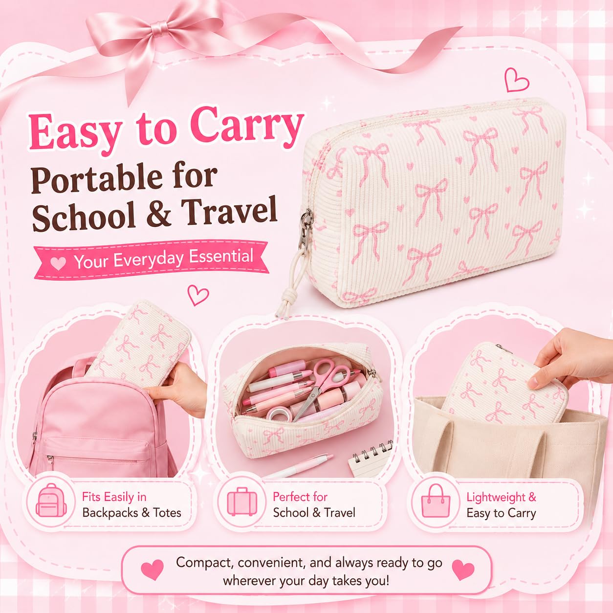 LEDAOU Cute Pencil Case for Kids Girls Boys Pencil Pouch kawaii Pen Pencil Box Bag Holder for School Students (Corduroy Pink Bow)