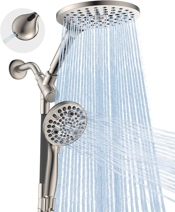 Dual Handheld Shower Head Combo, 2-in-1 Rain Shower Heads System 8 Inch Rainfall Shower Head and 10 Modes High Pressure Hand Held Showerhead with Built-in Power Wash