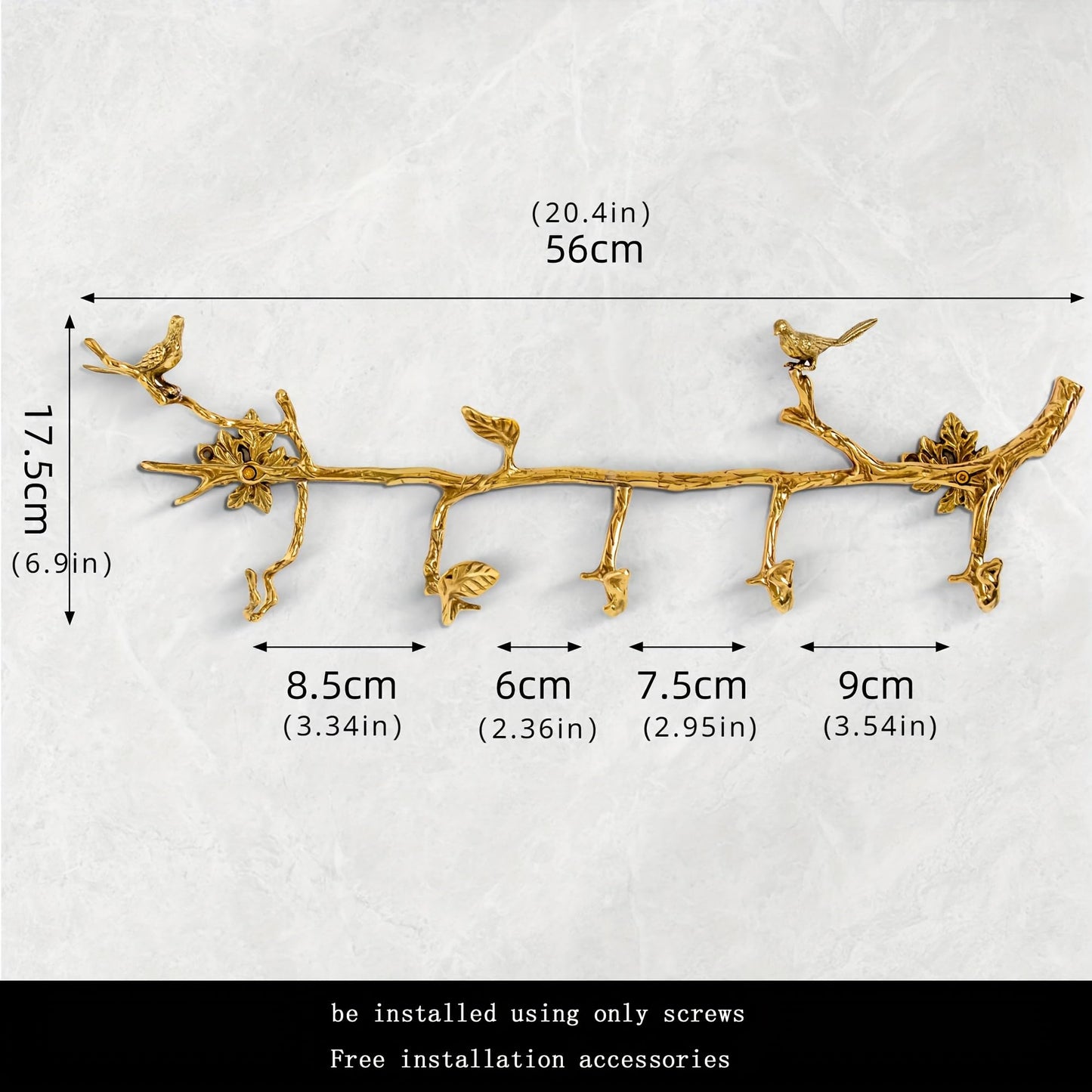 Brass Hanger Wall Mounted Long, 6 Hooks for Hanging Jackets, 20 inch Hook Rack, Hook Rail, Hanger Wall Mounted, Used for Clothes, Jackets, Hats, Gold