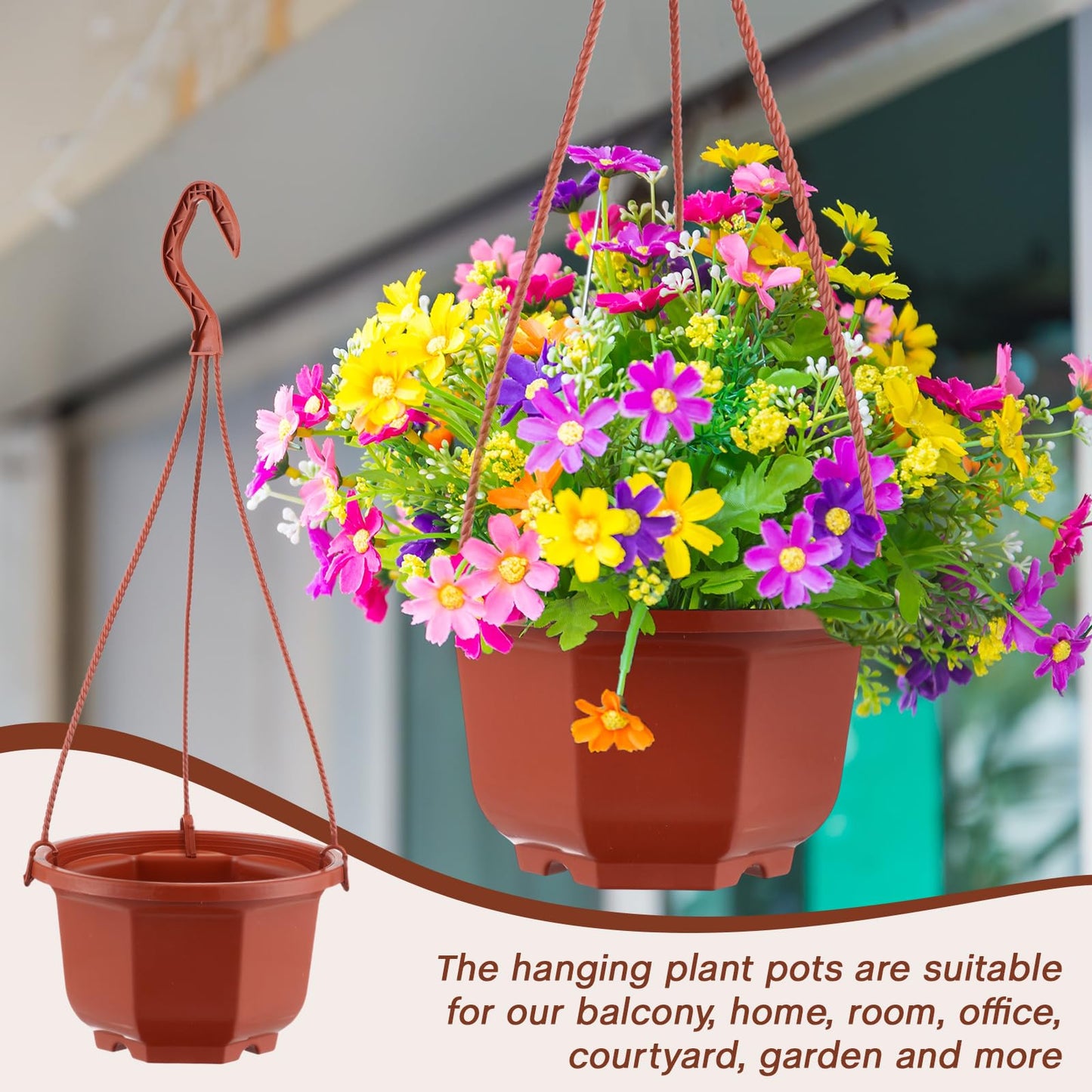 Roshtia 24 Pcs Hanging Plastic Planter Pot with Hook Flower Pots Baskets Hanging Nursery Planter Holder for Outdoor Indoor Plant Garden(Brown,6 Inch)