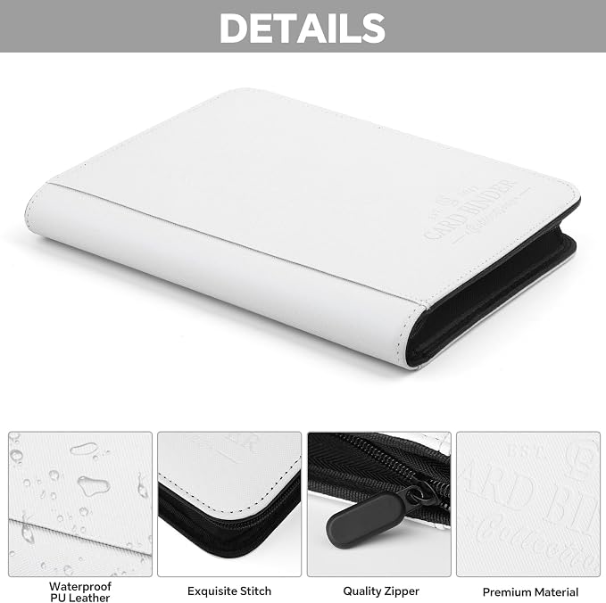 Toploader Binder, 4 Pocket Trading Card Binder Holds 128 Top Loaders, Premium Zipper Card Storage Case with Double-Sided Pockets for 3x4'' Toploaders, TCG, MTG, Sports Cards.(white)
