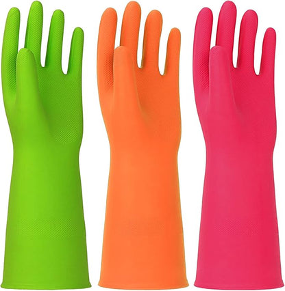 3 Pairs Rubber Cleaning Gloves Latex Free Dishwashing Gloves - 13" Reusable Nitrile Gloves Large, Green+Orange+Red