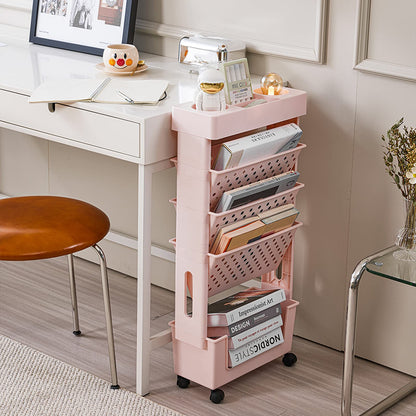 CINPIUK Pink Rolling Office Paper Organizer, Mobile Book Cart Document Folder File Storage with Pen Holder, Slim Rolling Storage Cart Movable Bookshelf for Office, Dorm, Classroom, Nursery