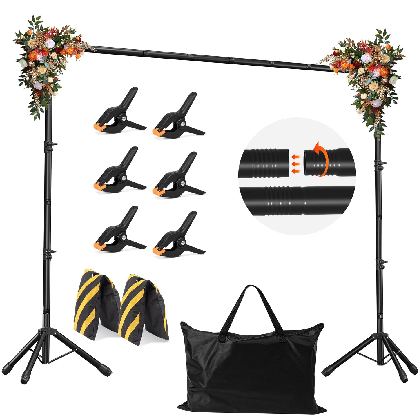 Backdrop Stand, Adjustable 10x7.5 FT Background Stand Backdrop for Parties, Photo Video Studio, Portable Photography Backdrop Stand with Carrying Bag, 6 Backdrop Clamps, and 2 Stand Bags