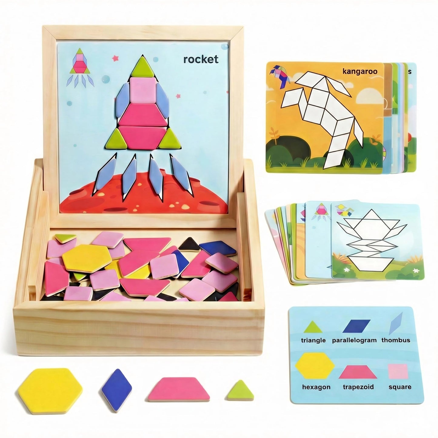 Magnetic Pattern Blocks Wooden Geometric Shape Puzzle Toy for Kids Toddlers Age 3-8 Montessori STEM Learning Educational Game 75Pcs Tangram with Storage Box Travel Gift Classroom Whiteboard