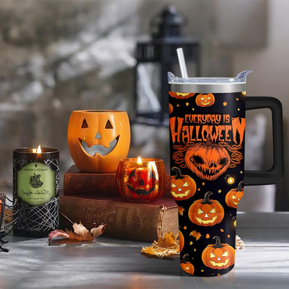40oz Halloween Pumpkin Gift Fall Tumbler with Handle and straw, Horror Scary Spooky Stainless Steel Insulated Cup, Coffee Mug Water Bottle for Halloween