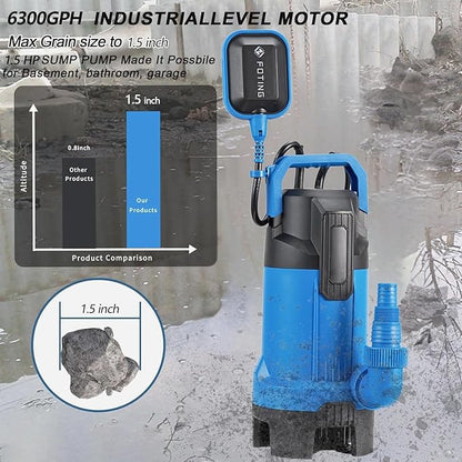 FOTING 1.5HP Sump Pump, 6300GPH High Flow Clean&Dirty Submersible Water Pump with Float Switch, Thermoplastic Electric Portable Utility Pump for Pool Draining Hot Tub Garden Basement