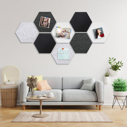 8 Packs Black White Gray Hexagon Felt Pin Board, 12" Bulletin Board with 30 Push Pins, Felt Board for Home Kitchen Office Decor, Self-Adhesive Corkboard Tiles for Walls School Message Photos Memos
