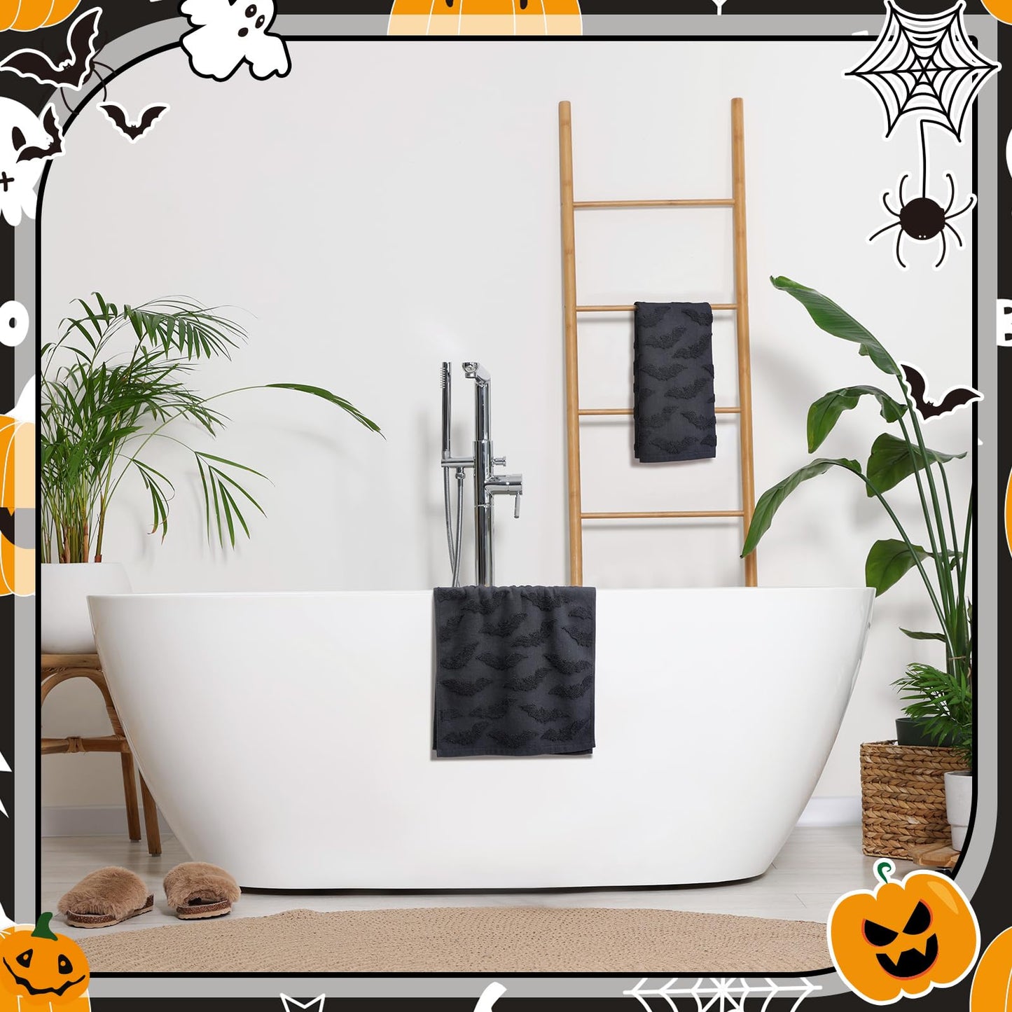 SmoothNovelty 2 Pcs Hand Towels for Bathroom Halloween Hand Towels 100% Cotton Absorbent Decorative Jacquard Weave for Halloween Bath Kitchen Decor Gift, 13.8 x 29.5 Inch(Black,Bat)