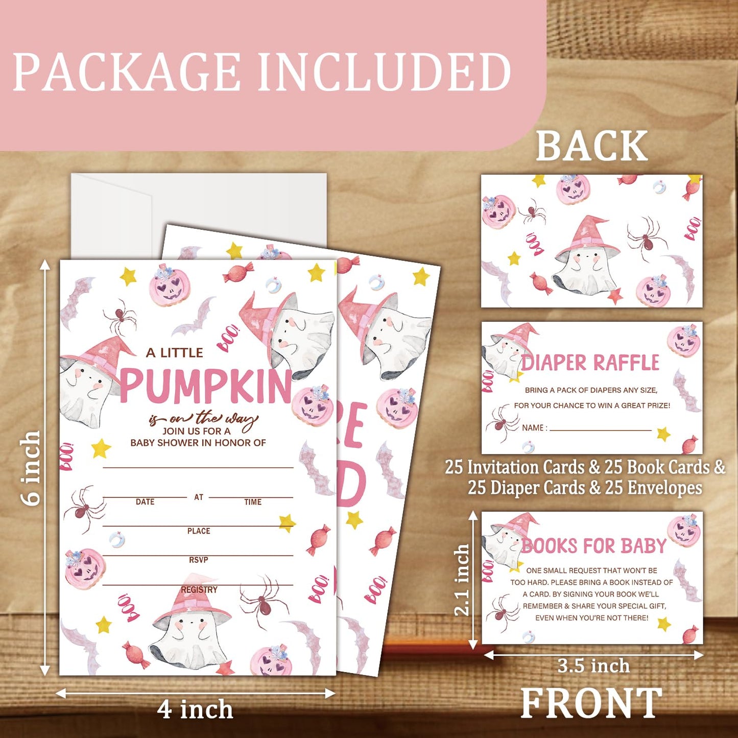 HQLOW Pink A Little Pumkin Halloween Boo! 25 Baby Shower Invitations with Envelopes Diaper Raffle Cards Book Cards for Baby Announcement, Gender Reveal, Party Invitations-09