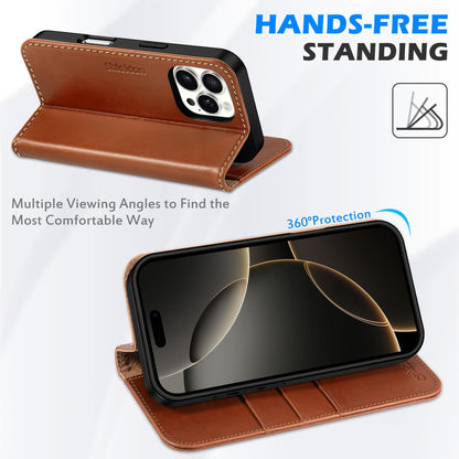 SHIELDON Wallet Case for iPhone 16 Pro 6.3" 2024, Genuine Leather Folio Magnetic Closure RFID Blocking Card Holder Kickstand Full Protection Phone Case Compatible with iPhone 16 Pro - Retro Brown
