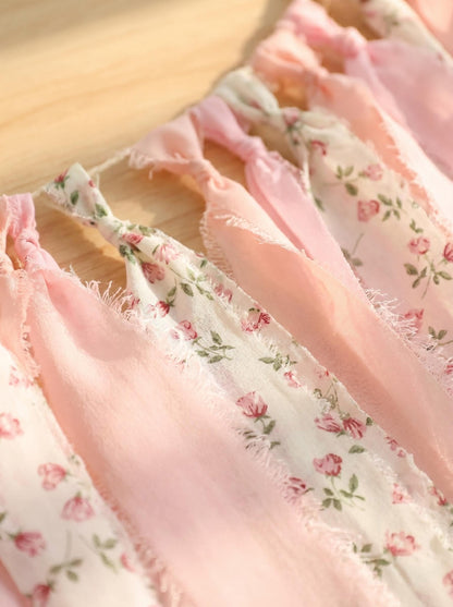 Mybbshower Pink Floral Tsaasel Garland for Wedding Spring Tea Party Haning Chiffon Tassel Banner Table Decor