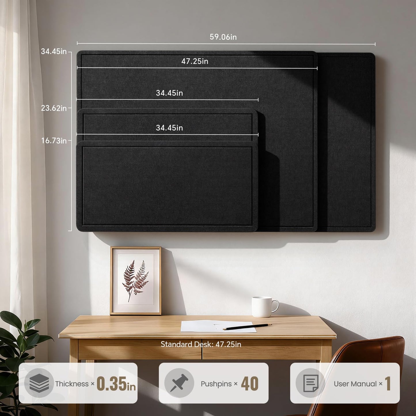 Large Bulletin Board, 60 X 35 Inches Felt Cork Board with 40 Pushpins, Foldable Felt Notice Pin Board Photo Display Board with Self-Adhesive Tape for Office Home School (Black, 60x35 inch)